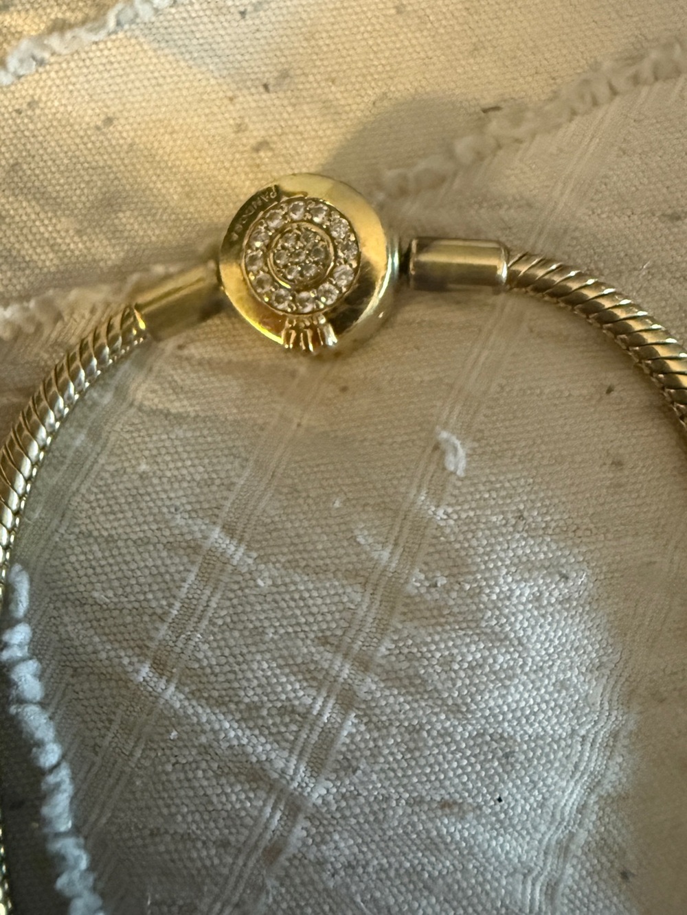 Pandora Gold Snake Chain Bracelet with Pavé Clasp with charms - Picture 2 of 11